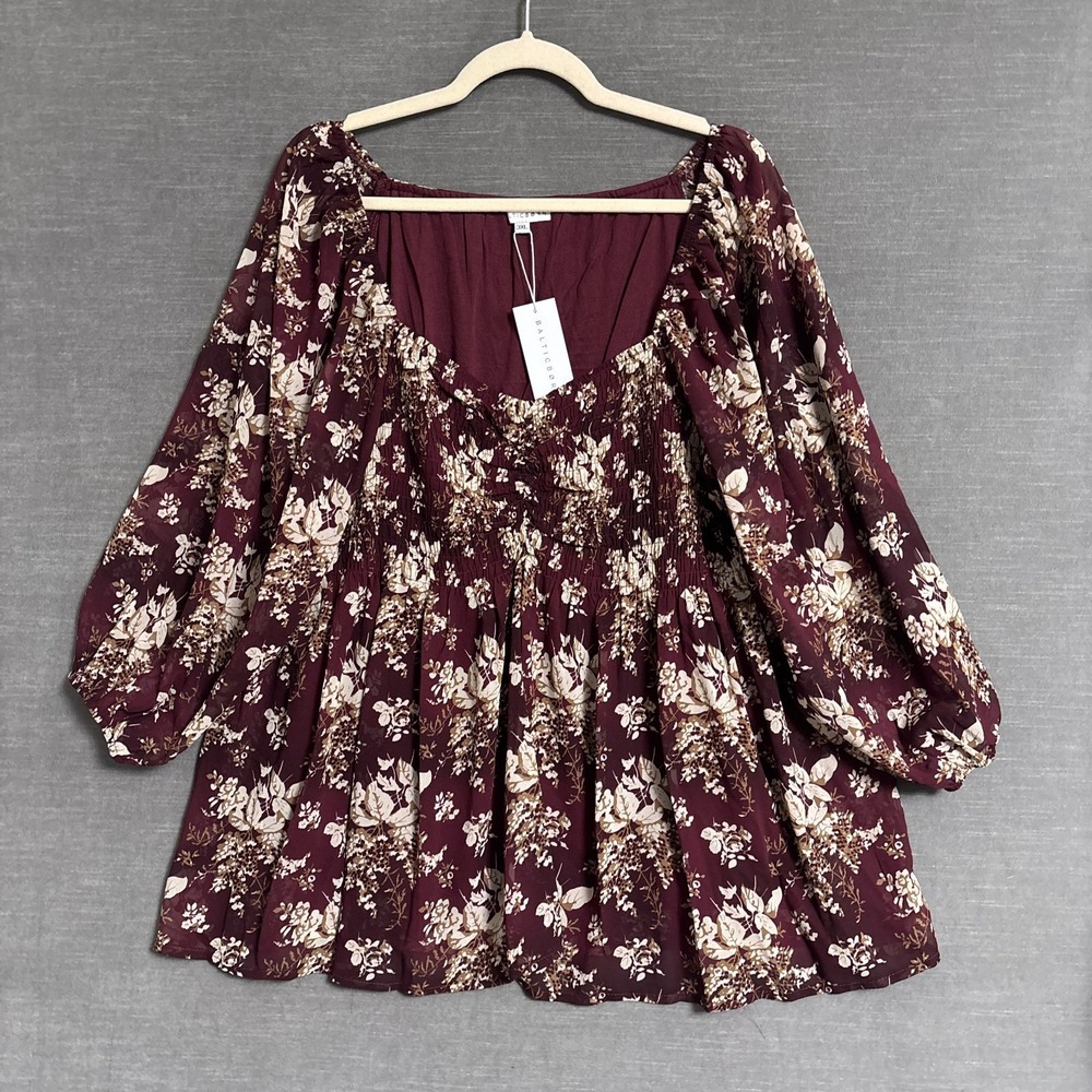 NEW Baltic Born Top 3XL Burgundy Floral Chiffon Smocked Peplum Sheer Balloon
